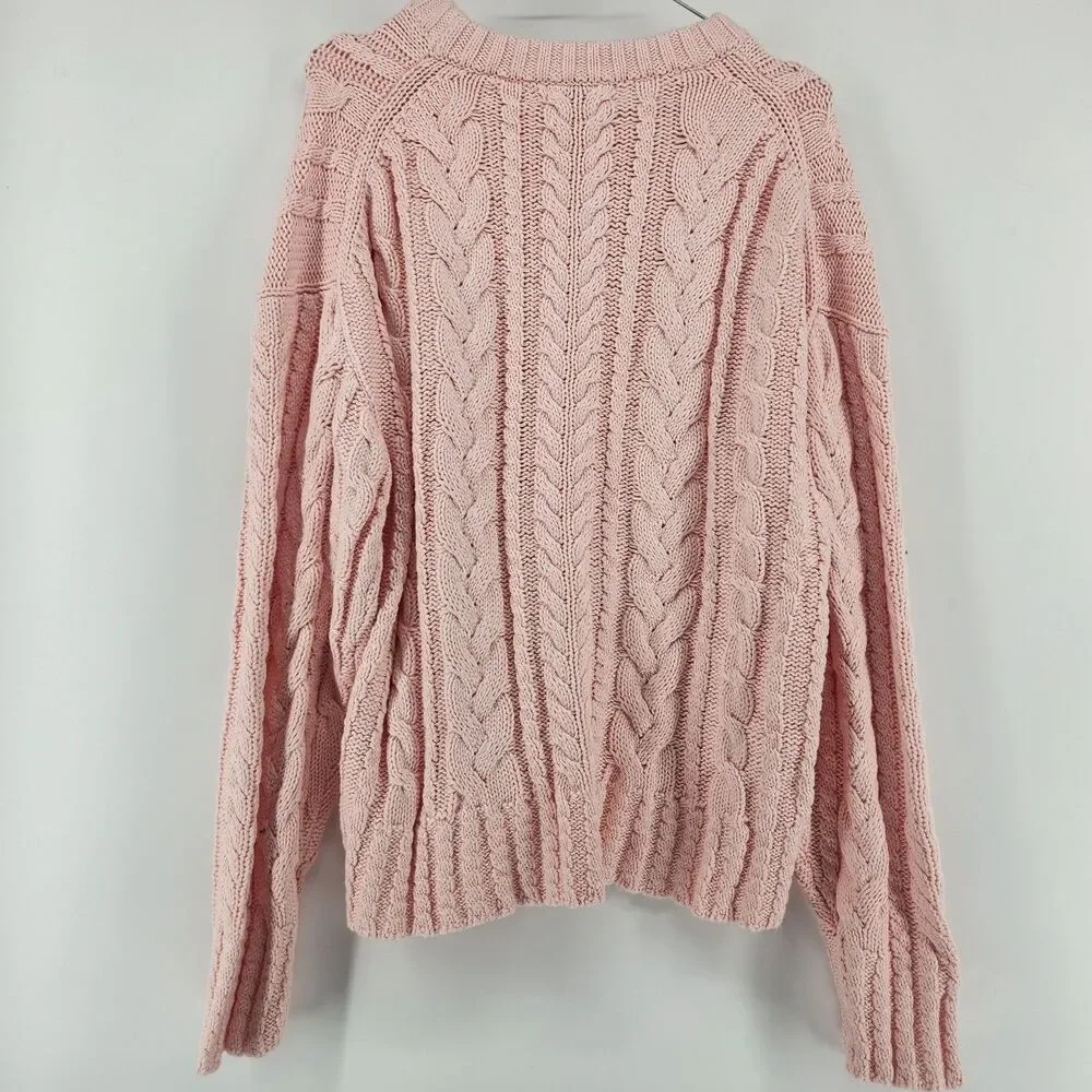 J.Crew‎ Women's Pink XL 100% Cotton XL Cable Knit Crewneck Sweater NWT